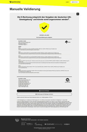 Validierungsreport einer elektronischen Rechnung im ZUGFeRD-Format in portinvoice