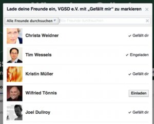 Fenster mit Facebook-Freunden. Mit einem Klick könnt ihr Eure Freunde einladen.