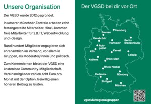 Der Flyer erklärt: was wir tun, wie wie organisiert sind, und wofür wir uns einsetzen. 