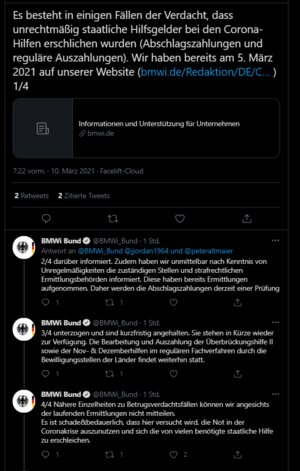 Tweet des BMWi vom 10.03.21 auf Anfrage unseres Mitglieds Branko Trebsche