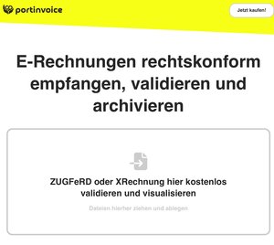 Die Startseite von Portinvoice lädt dazu ein, E-Rechnungen in den beiden gängigen Formaten auf sie zu ziehen