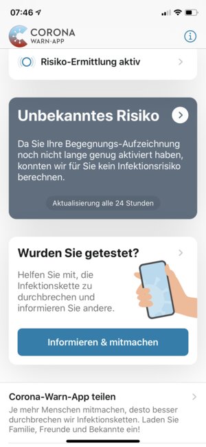 Screenshot der Corona Warn-App nach Installieren und Aktivieren von Kontaktprotokoll und Benachrichtigungen