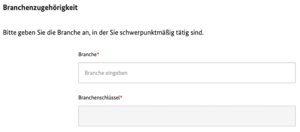 Nun wirst du nach deiner Branche gefragt, aus der dann der Branchenschlüssel abgeleitet wird. Entscheidend ist die Klassifikation der Wirtschaftszweige des statistischen Bundesamts aus dem Jahr 2008, auch "WZ 2008" genannt. Du musst also wissen, wie deine Branche dort genannt wird. 
Die Klassifikation findet man unter klassifikationsserver.de. Tipp: Suche bei Google nach "WZ-Code" und deiner Berufsbezeichnung in verschiedenen Varianten!