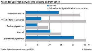 Im Juni 2021 sahen sich 23 Prozent der Solo- und Kleinstunternehmer und 14 Prozent aller Unternehmen in Ihrer Existenz bedroht. Viele "Kleine" sind im besonders betroffenen Dienstleistungssektor tätig