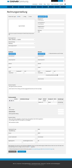 ZF/FX-Invoiceportal: Eingabeformular für die Erstellung elektronischer Rechnungen im ZUGFeRD- und XRechnungs-Format