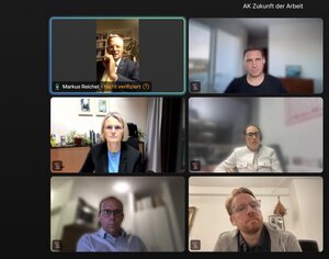 Sechs der Teilnehmer/innen an der Videokonferenz mit dem Unions-Arbeitskreis "Zukunft der Arbeit". Links oben MdB Markus Reichel, rechts oben Marc Clement, links unten Jörn Freynick