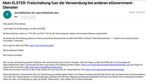 Nach der Bestätigung erhältst du eine zweite E-Mal vom Elster-Portal über die Verwendung des Zertifikats für andere Zwecke. So soll Missbrauch verhindert werden.