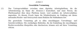 Artikel 4 Abs. 1 der Arbeitsplattform-Richtlinie: gesetzliche Vermutung vereinfacht Verwaltungsverfahren