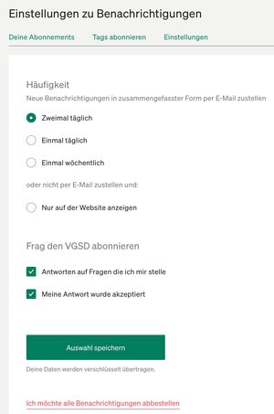 Unter "Mein Account" > "Benachrichtigungen" > "Einstellungen" kannst du festlegen, ob und wie häufig du per E-Mail benachrichtig werden möchtest und ob du z.B. auch über das "Akzeptieren" deiner Antworten informiert werden willst