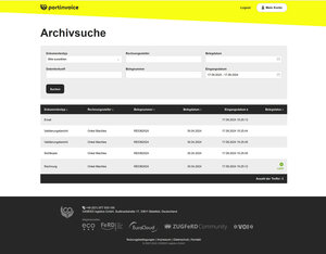Archiveingänge einer ZUGFeRD-Rechnung nebst zugehöriger Dokumente (Sichtkopie, Validierungsreporte, Eingangsmail) in der portinvoice Mail Edition
