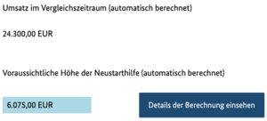 Hier wird nun die Summe deiner Einkünfte im Vergleichszeitraum gebildet und daraus die Neustarthilfe ermittelt. Diese beträgt, wenn das Jahr 2019 Vergleichszeitraum ist, ein Viertel dieses Jahresumsatzes, maximal aber 7.500 Euro.