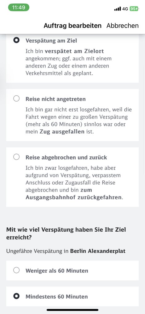 Dann gibt man an, wie sich der Erstattungsanspruch begründet. Wer "Weniger als 60 Minuten" wählt, erfährt, dass er/sie keinen Anspruch auf Erstattung hat.