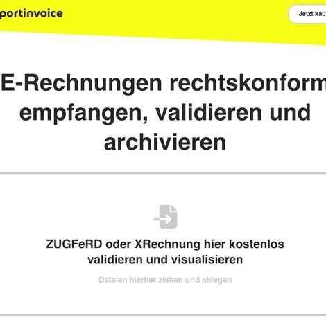 Die Startseite von Portinvoice lädt dazu ein, E-Rechnungen in den beiden gängigen Formaten auf sie zu ziehen