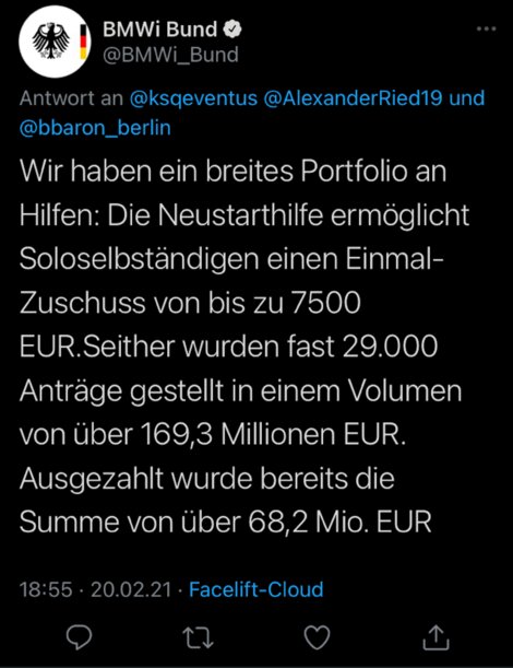 Auf Anfrage von Branko Trebsche hat das BMWi erste Zahlen zur Neustarthilfe veröffentlicht