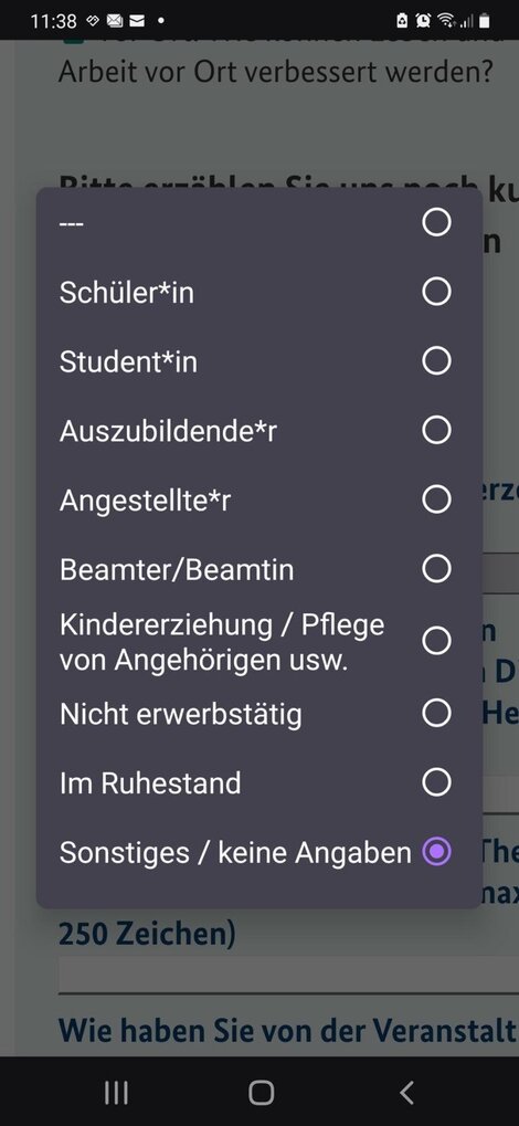 Selbstständigkeit ist keine Option: Aus dem Anmeldeformular für ein "Hingehört"-Event mit Hubertus Heil in Hannover