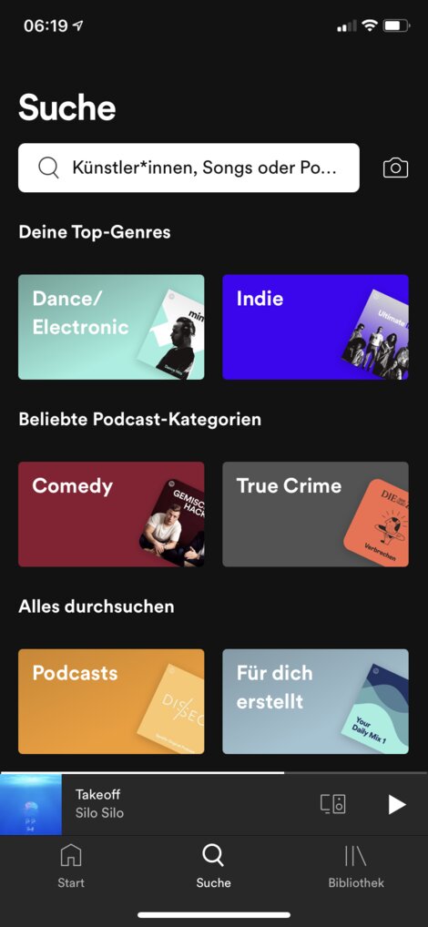 In der Spotify-App einfach auf "Suche" gehen ... (für Anleitung bitte Screenshot in Galerie unten anklicken)