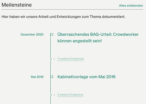 Mit Meilensteinen (bisher nur beim Thema "Scheinselbstständigkeit") visualisieren wir die Entwicklung von Gesetzen und politischen Aktivitäten auf einem Zeitstrahl