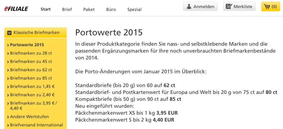 Statt dessen werden unter dem ersten Menüpunkt die Preisänderungen zum 1.1.15 dargestellt