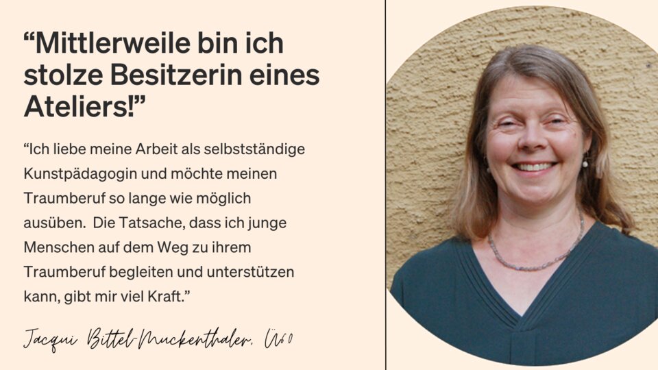 Irgendwann zahlt sich die viele Arbeit aus: Jacqui, Ü60, hat sich den Traum vom eigenen Atelier erfüllt. Jetzt bereits aufzuhören, kommt für sie nicht infrage. 