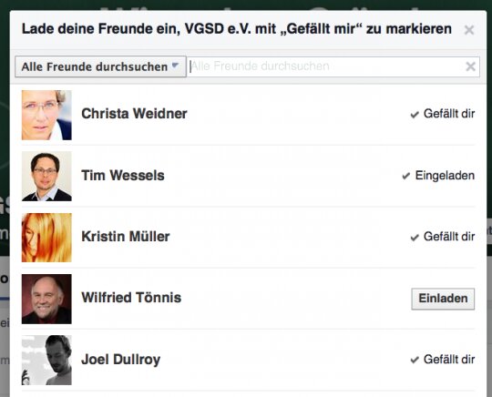 Fenster mit Facebook-Freunden. Mit einem Klick könnt ihr Eure Freunde einladen.
