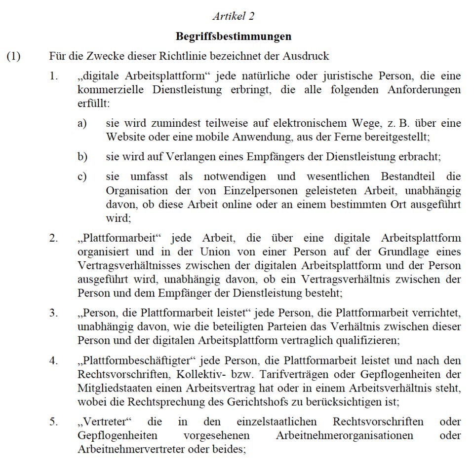 Artikel 2 der geplanten Arbeitsplattform-Richtlinie: Diese Begriffe sollten klar definiert sein