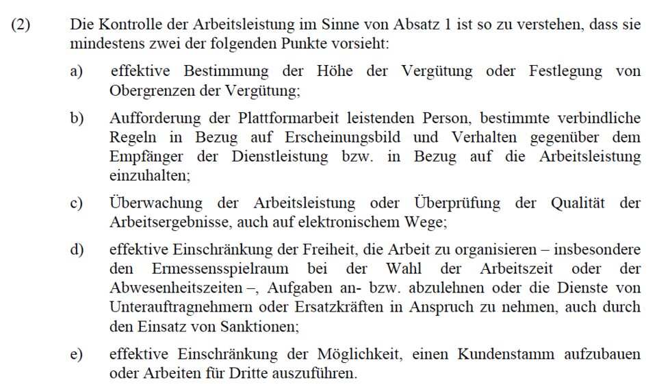 Artikel 4 Abs. 2 der Arbeitsplattforn-Richtlinie: Mit zwei von fünf Kriterien gilt die "Plattform" zum Arbeitgeber